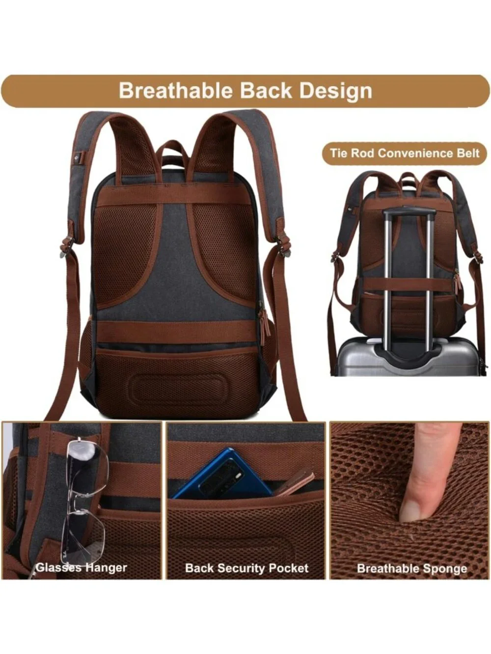 Stylish Canvas Laptop Backpack for Travel, Work, College - USB Charging, 15.6